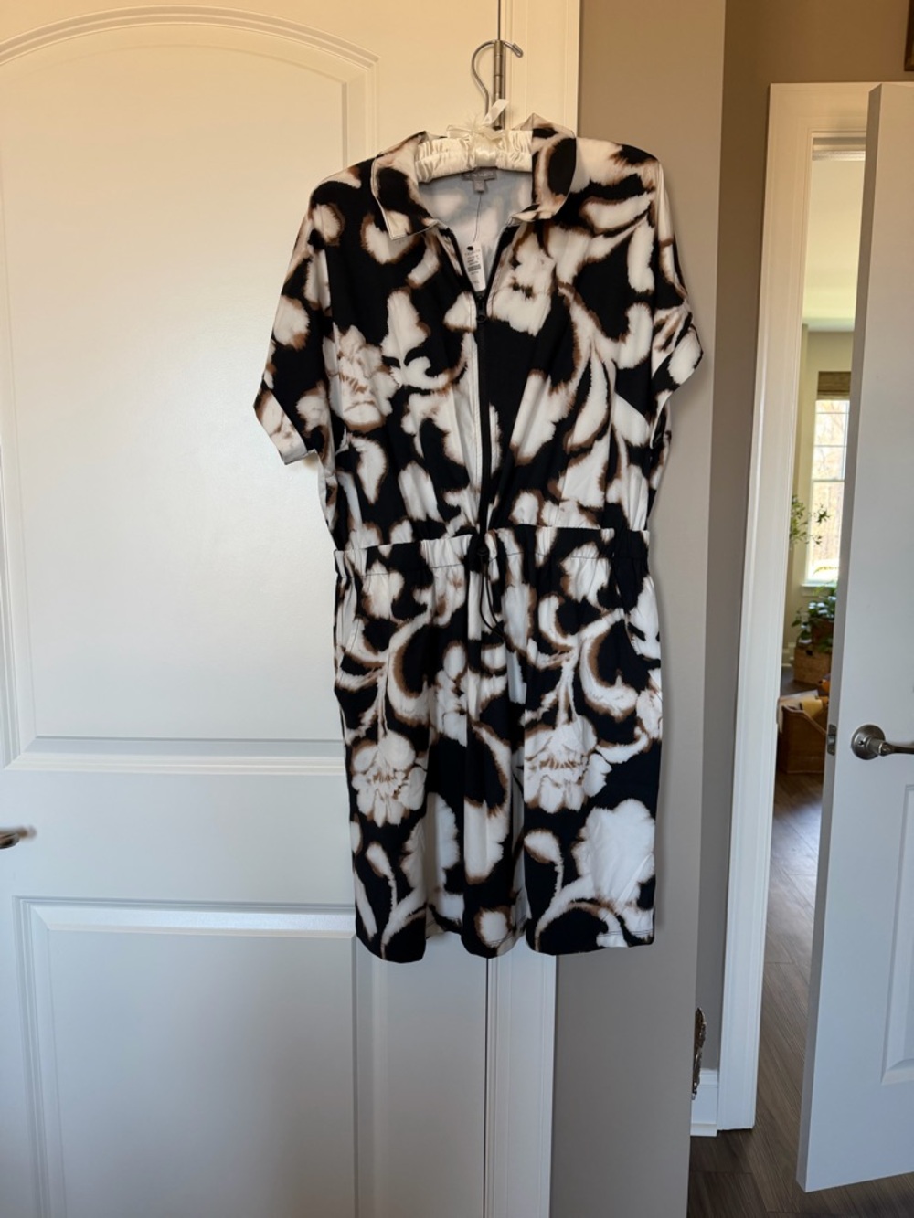 Talbots Black, White and Brown Abstract Print Zip-Up romper with short sleeves